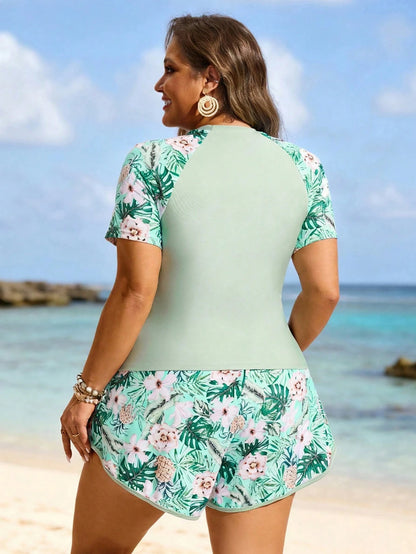 Swim SPRTY Plus Size Women 2pcs/Set White Long Sleeve Rash Guard Loose Shorts Bikini Set Set Beach Vacation Summer