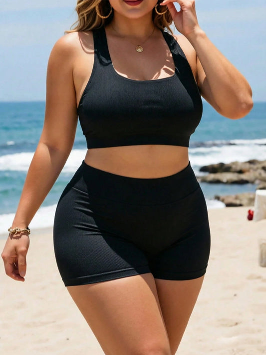 Swim SPRTY Plus Size Women 2pcs Solid Color Supportive Racerback Top With Shorts Swimwear Set Beach Summer Modest