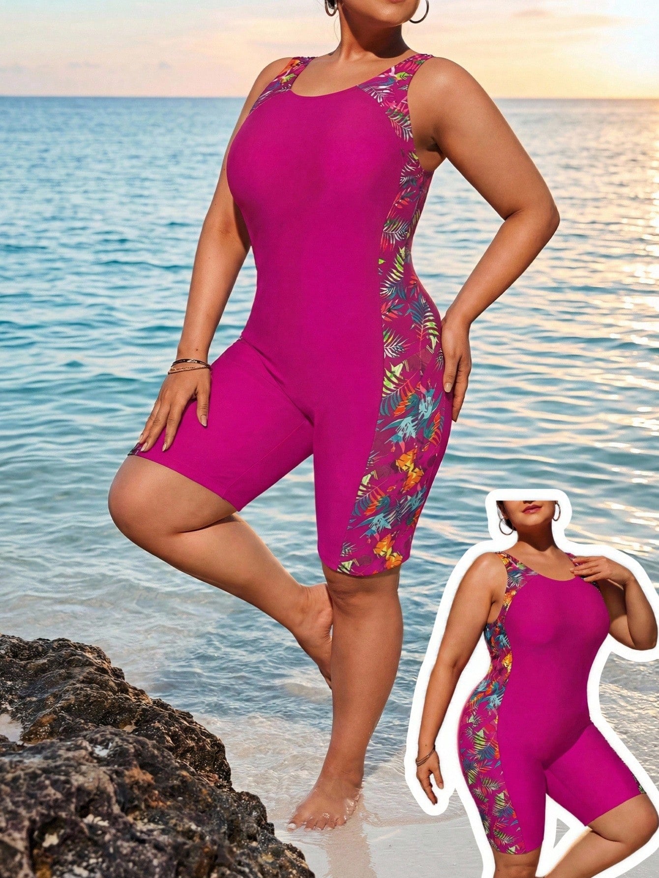 Swim SPRTY Plus Size Women Summer Beach Vacation Tropical Print One-Piece Swimsuit