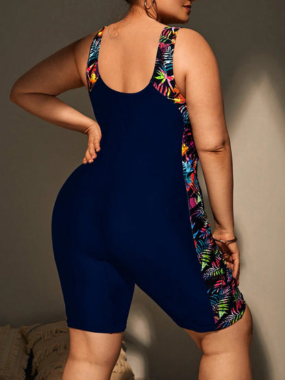 Swim SPRTY Plus Size Women Summer Beach Vacation Tropical Print One-Piece Swimsuit