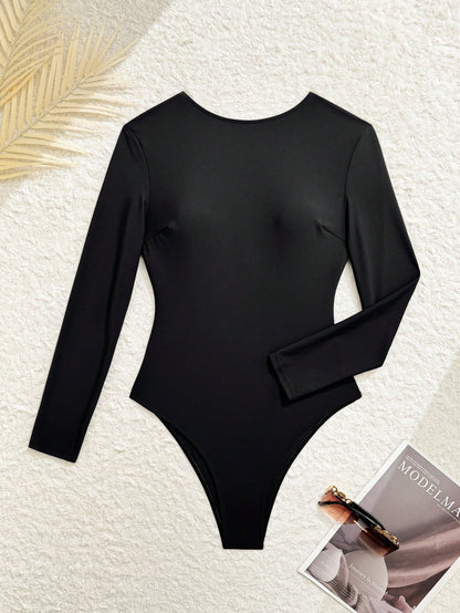 Swim SPRTY Women Classy Black One-Piece Swimsuit,Long Sleeve Sun Protection Sports Style,Open Backless Design,Perfect For Summer Beach Holiday Vacation Surfing