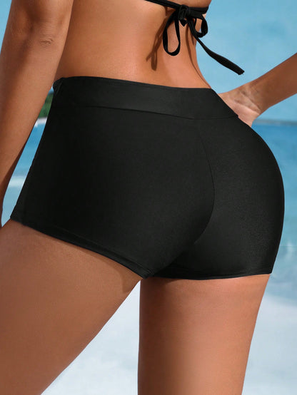 Swim SPRTY Women's Black Modest Swim Shorts,Summer Beach Holiday Bathing Suits Spandex Micro Swimwear Bottom For Cruise,Resort,Island,Boho Vacation