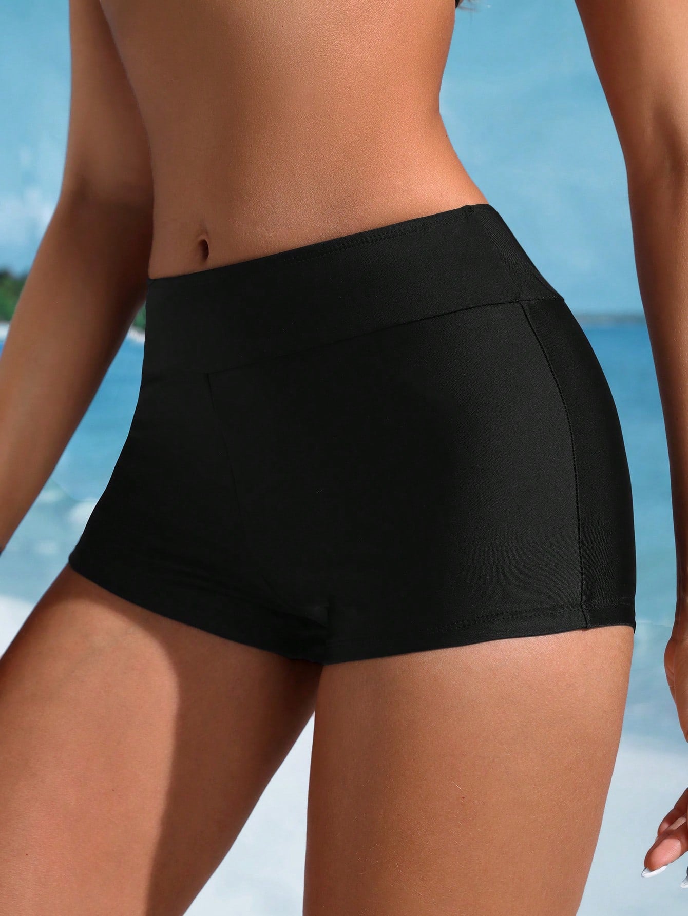 Swim SPRTY Women's Black Modest Swim Shorts,Summer Beach Holiday Bathing Suits Spandex Micro Swimwear Bottom For Cruise,Resort,Island,Boho Vacation