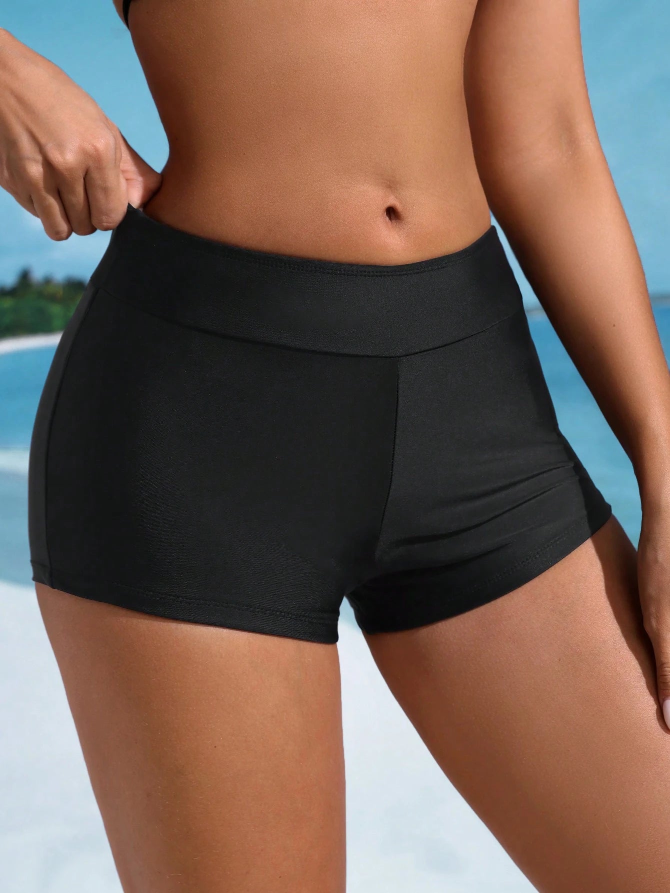 Swim SPRTY Women's Black Modest Swim Shorts,Summer Beach Holiday Bathing Suits Spandex Micro Swimwear Bottom For Cruise,Resort,Island,Boho Vacation