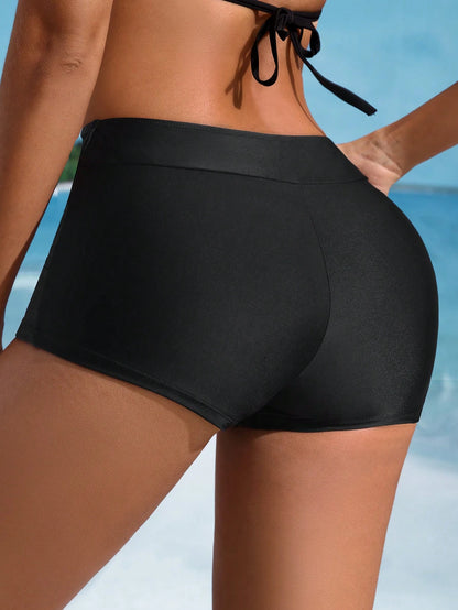 Swim SPRTY Women's Black Modest Swim Shorts,Summer Beach Holiday Bathing Suits Spandex Micro Swimwear Bottom For Cruise,Resort,Island,Boho Vacation