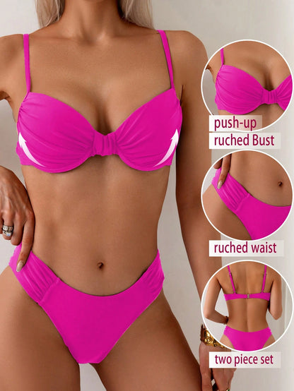 Swim SPRTY Women's Black Sexy Supportive Ruched Bandeau Top And Bikini Bottoms 2-Piece Swimwear Set, Summer Beachwear