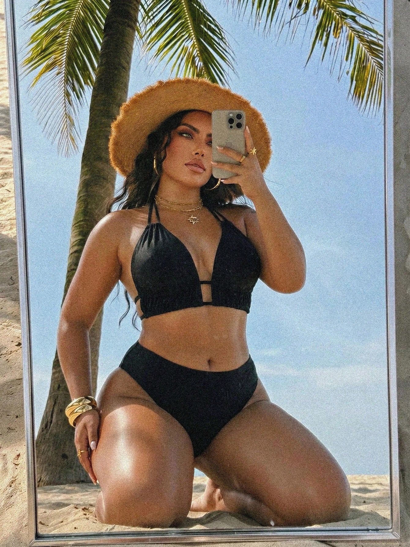Swim SXY 2026 New Plus Size Black Deep V Neck Bikini Swimwear For Women, Sexy Padded Bust Slimming Two Pieces Swimwear For Hot Spring Vacation