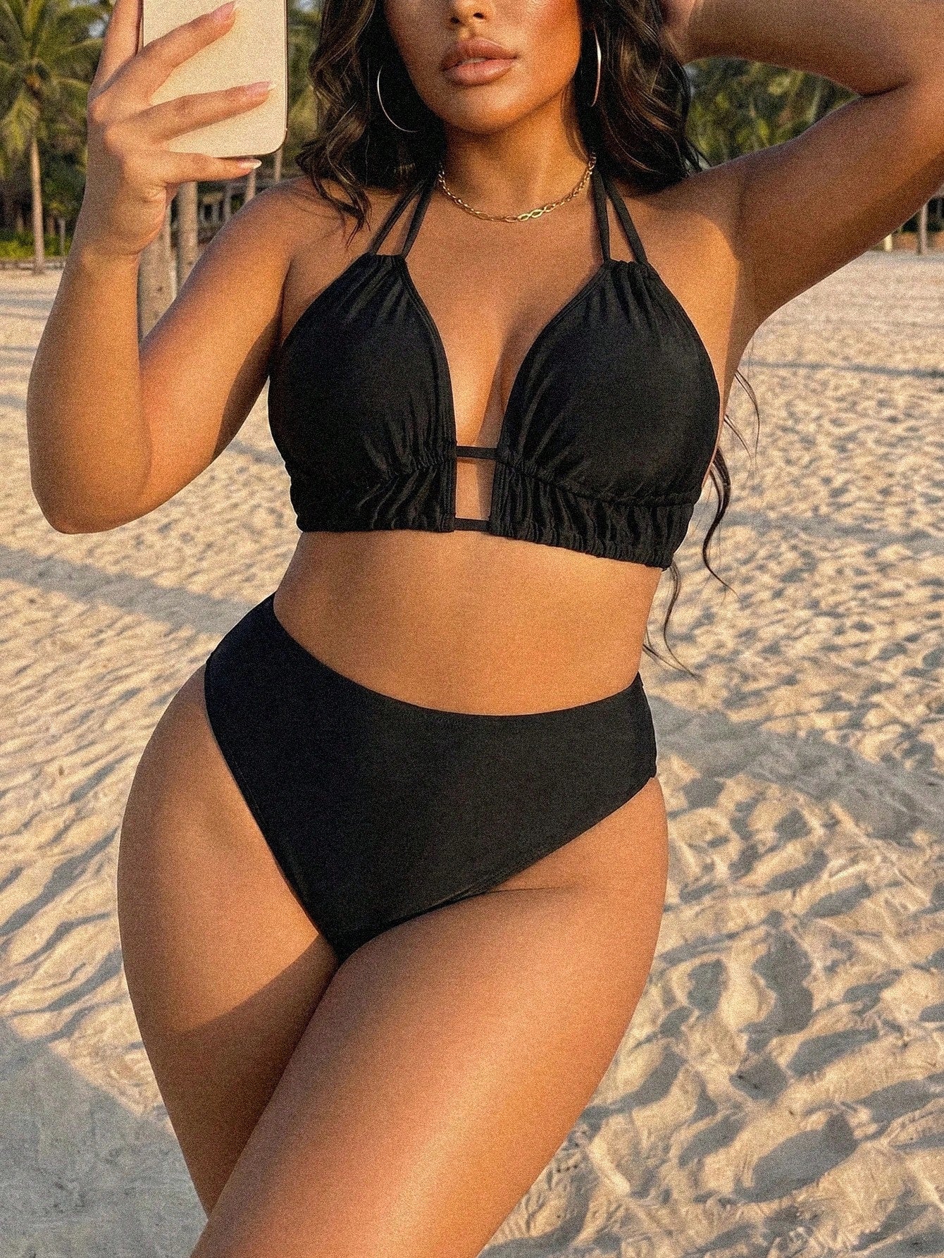 Swim SXY 2026 New Plus Size Black Deep V Neck Bikini Swimwear For Women, Sexy Padded Bust Slimming Two Pieces Swimwear For Hot Spring Vacation