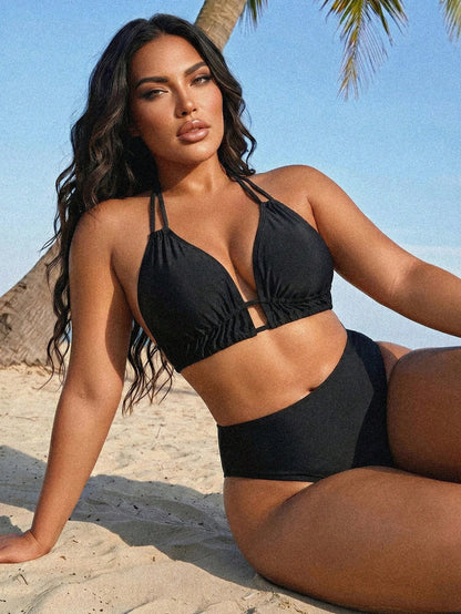 Swim SXY 2026 New Plus Size Black Deep V Neck Bikini Swimwear For Women, Sexy Padded Bust Slimming Two Pieces Swimwear For Hot Spring Vacation