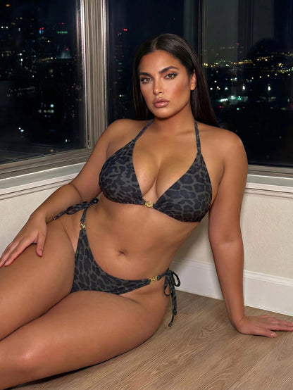 Swim SXY 2026 New Summer Beach Sexy Vacation Women's Tropical Leopard Print Sexy Two Pieces Bikini Set With Metal Accessories, Casual Vacation Wear, Valentine's Day Women's Clothing, Summer Vacation P