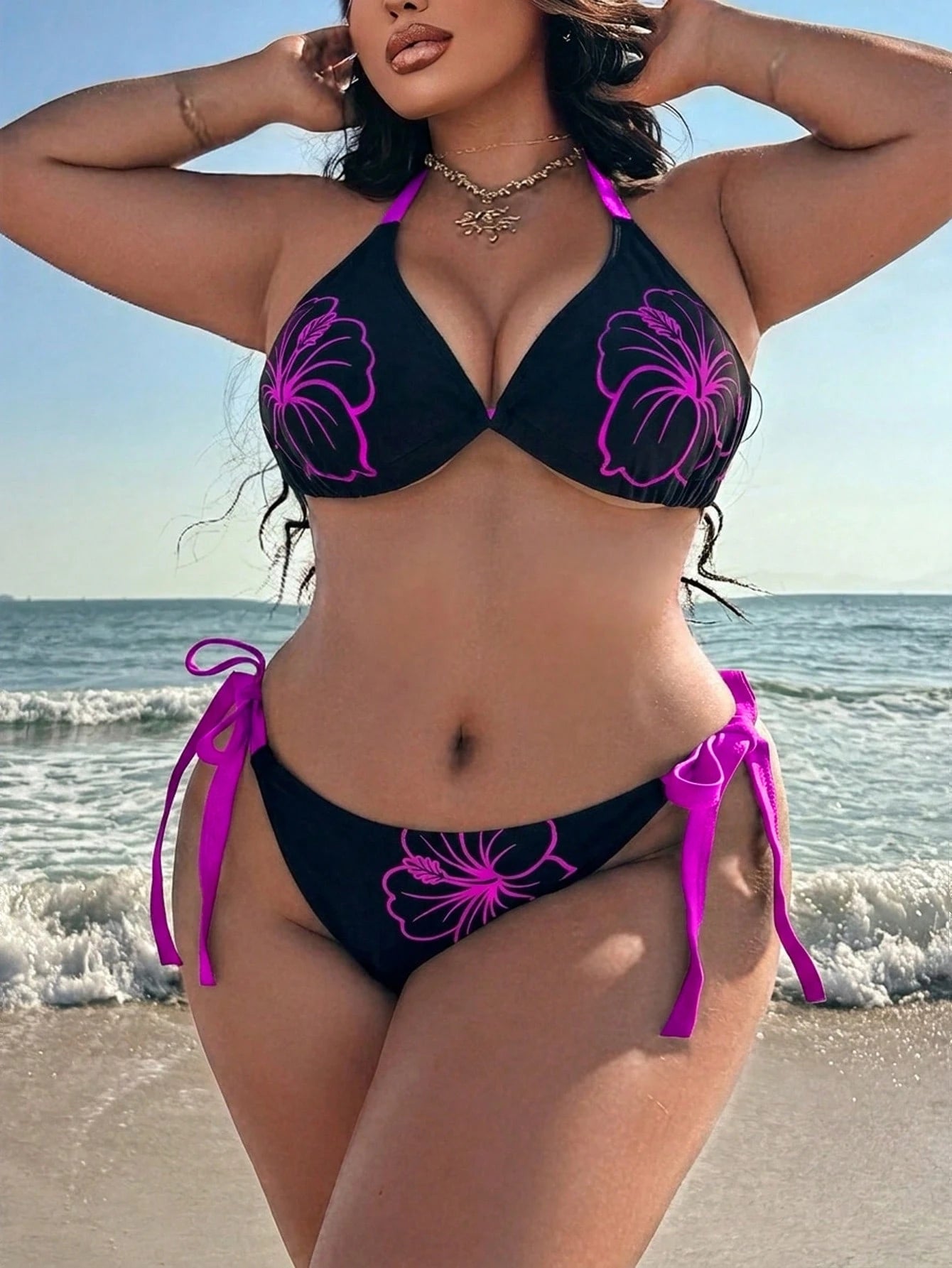 Swim SXY 2026 Summer Women's Sexy Beach Bikini Set, Plus Size Swimwear, Positioning Print Sexy Vacation Brown Swimwear 2 Pieces Set