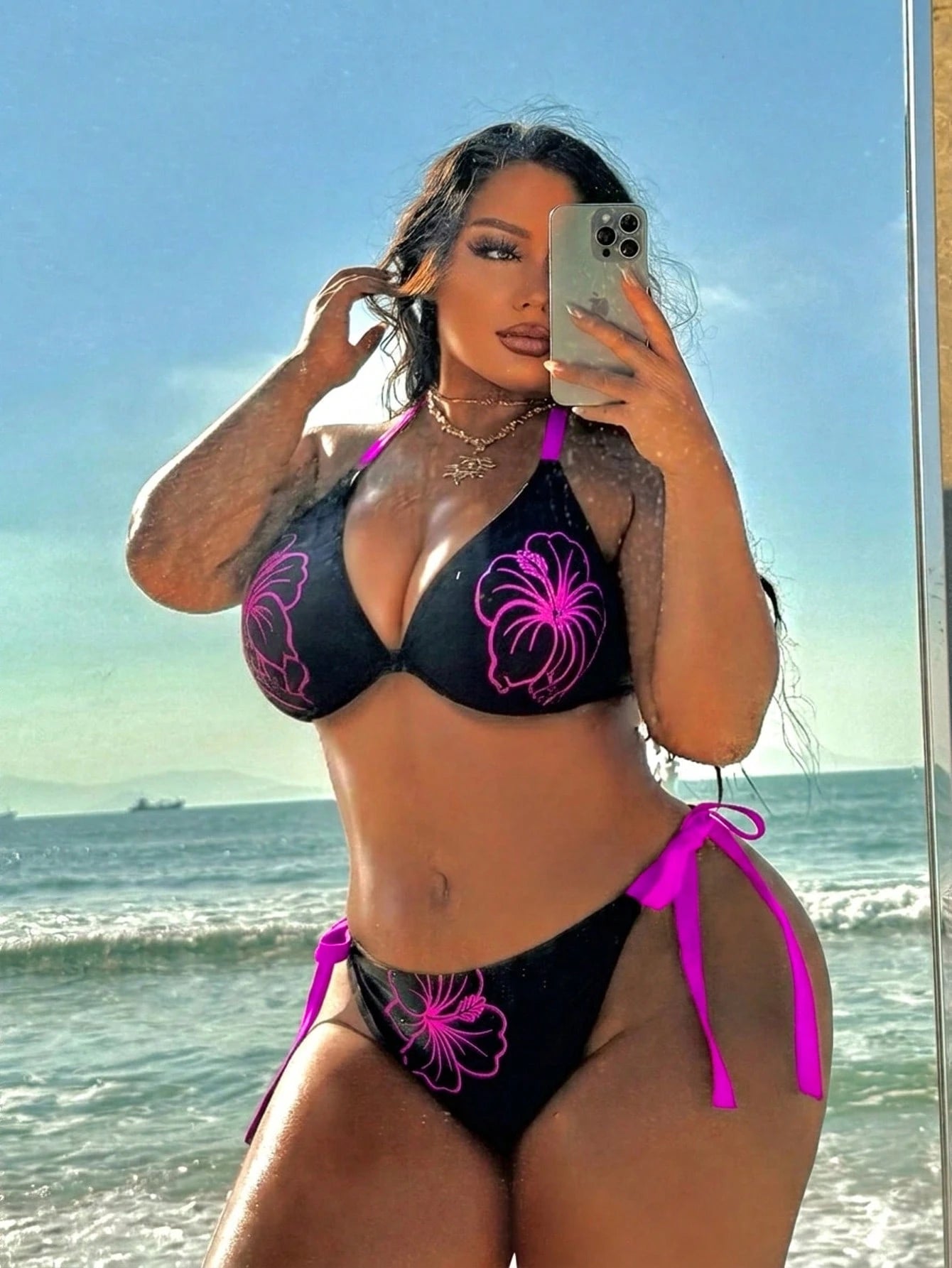 Swim SXY 2026 Summer Women's Sexy Beach Bikini Set, Plus Size Swimwear, Positioning Print Sexy Vacation Brown Swimwear 2 Pieces Set
