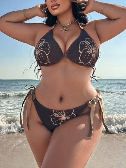 Swim SXY 2026 Summer Women's Sexy Beach Bikini Set, Plus Size Swimwear, Positioning Print Sexy Vacation Brown Swimwear 2 Pieces Set