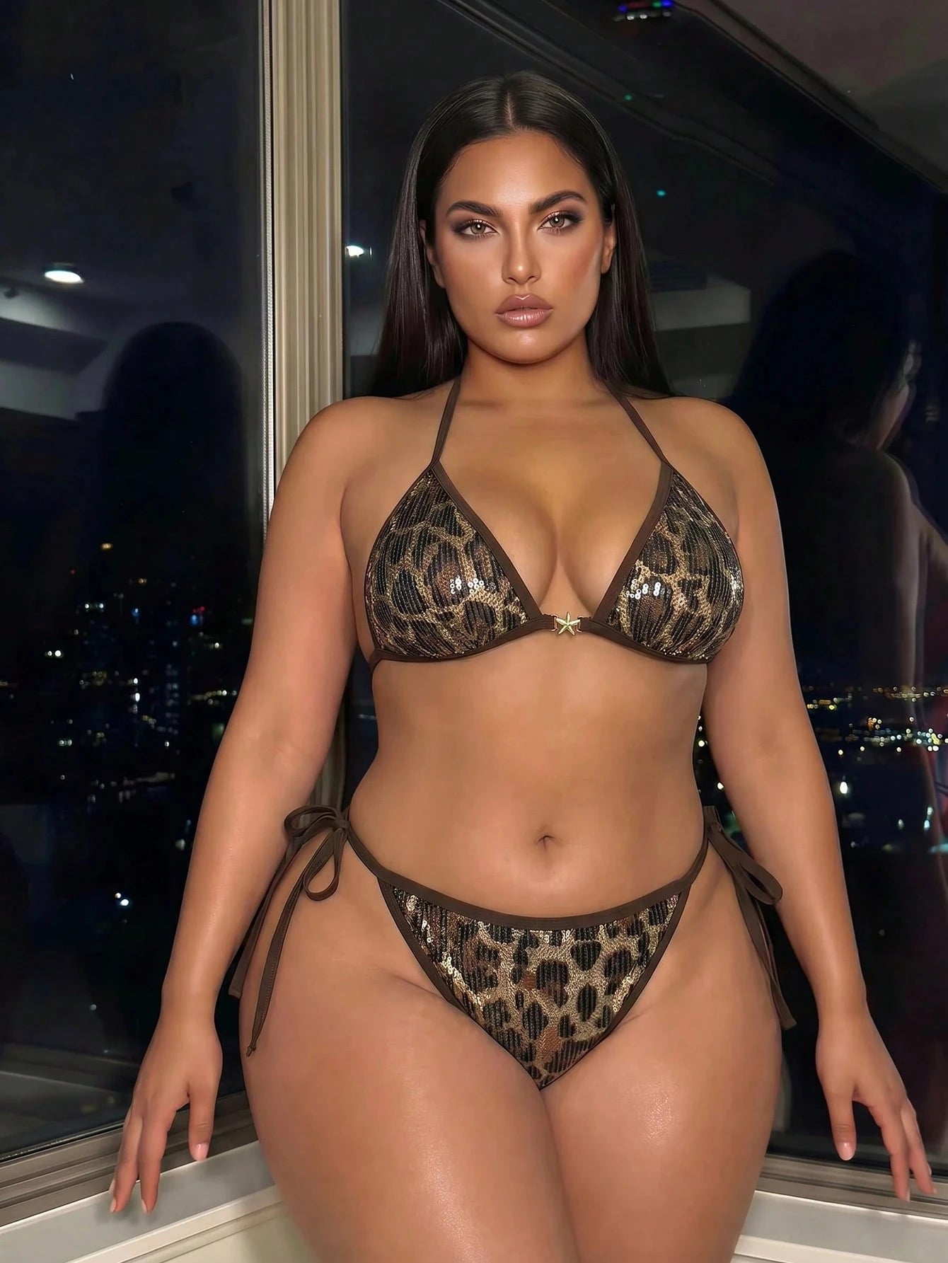 Swim SXY 2026 Women's Fashion Leopard Print Metal Shell Decor Halter Backless Bikini Set,Plus Size Swimwear,Summer,Beach,Vacation,Holiday Night Party Set