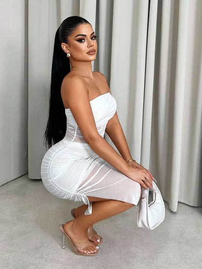 Swim SXY Elegant White Slim Fit Strapless Mini Dress,Summer 70s Party Club Bodycon Dresses For Women,Asymmetric Hem Pleated Mesh Contrast Cocktail Dress