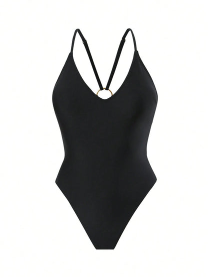 Swim SXY One-Piece Swimsuit, Deep V-Neck, Spaghetti Straps, Backless, Hollow-Out, Thong Bottom, Suitable For Beach & Summer