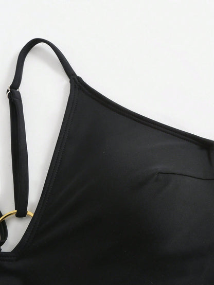 Swim SXY One-Piece Swimsuit, Deep V-Neck, Spaghetti Straps, Backless, Hollow-Out, Thong Bottom, Suitable For Beach & Summer