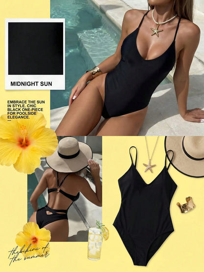 Swim SXY One-Piece Swimsuit, Deep V-Neck, Spaghetti Straps, Backless, Hollow-Out, Thong Bottom, Suitable For Beach & Summer