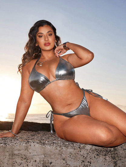 Swim SXY Plus Size Metallic Halter Strap Splicing Bikini Set Summer