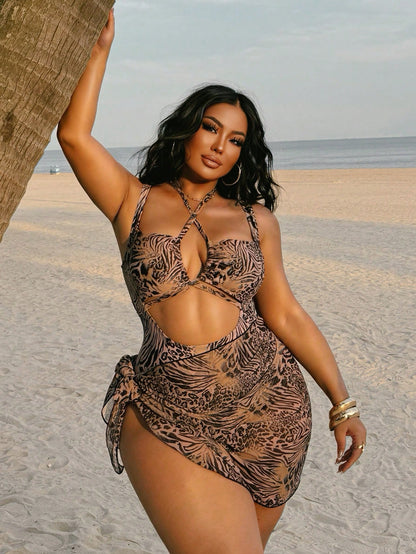 Swim SXY Plus Size Women 1-Piece Leopard Print Full Coverage Random Pattern Sexy Swimsuit