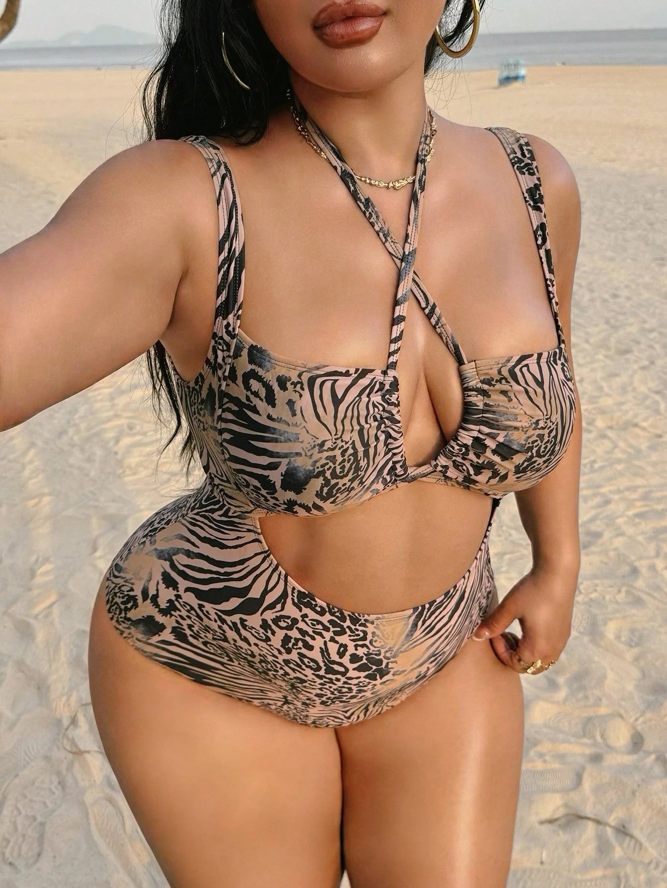 Swim SXY Plus Size Women 1-Piece Leopard Print Full Coverage Random Pattern Sexy Swimsuit