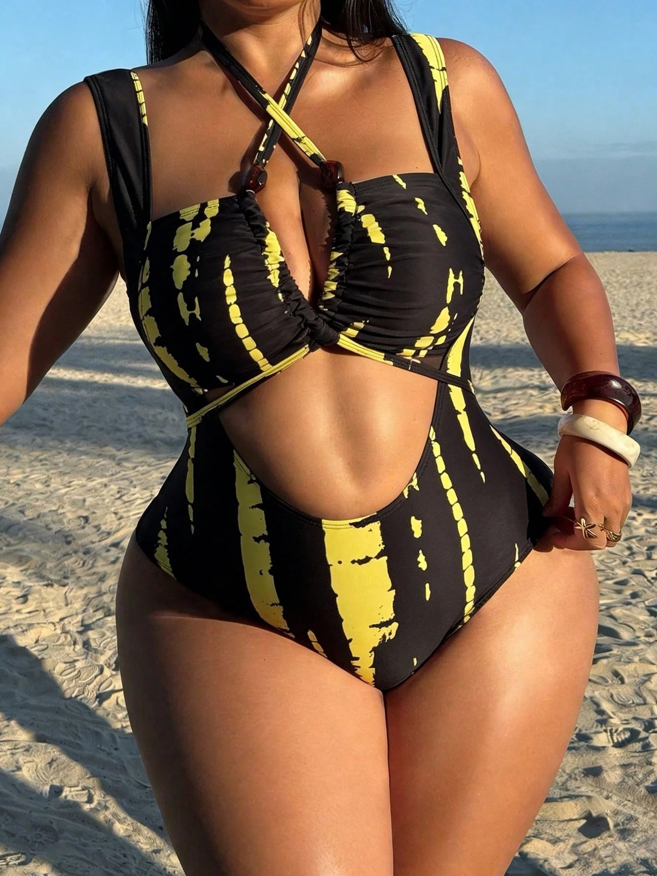 Swim SXY Plus Size Women Color Block One-Piece Swimsuit And Skirt Set, Suitable For Beach Vacation, Pool Party, Beach Party