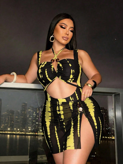 Swim SXY Plus Size Women Color Block One-Piece Swimsuit And Skirt Set, Suitable For Beach Vacation, Pool Party, Beach Party