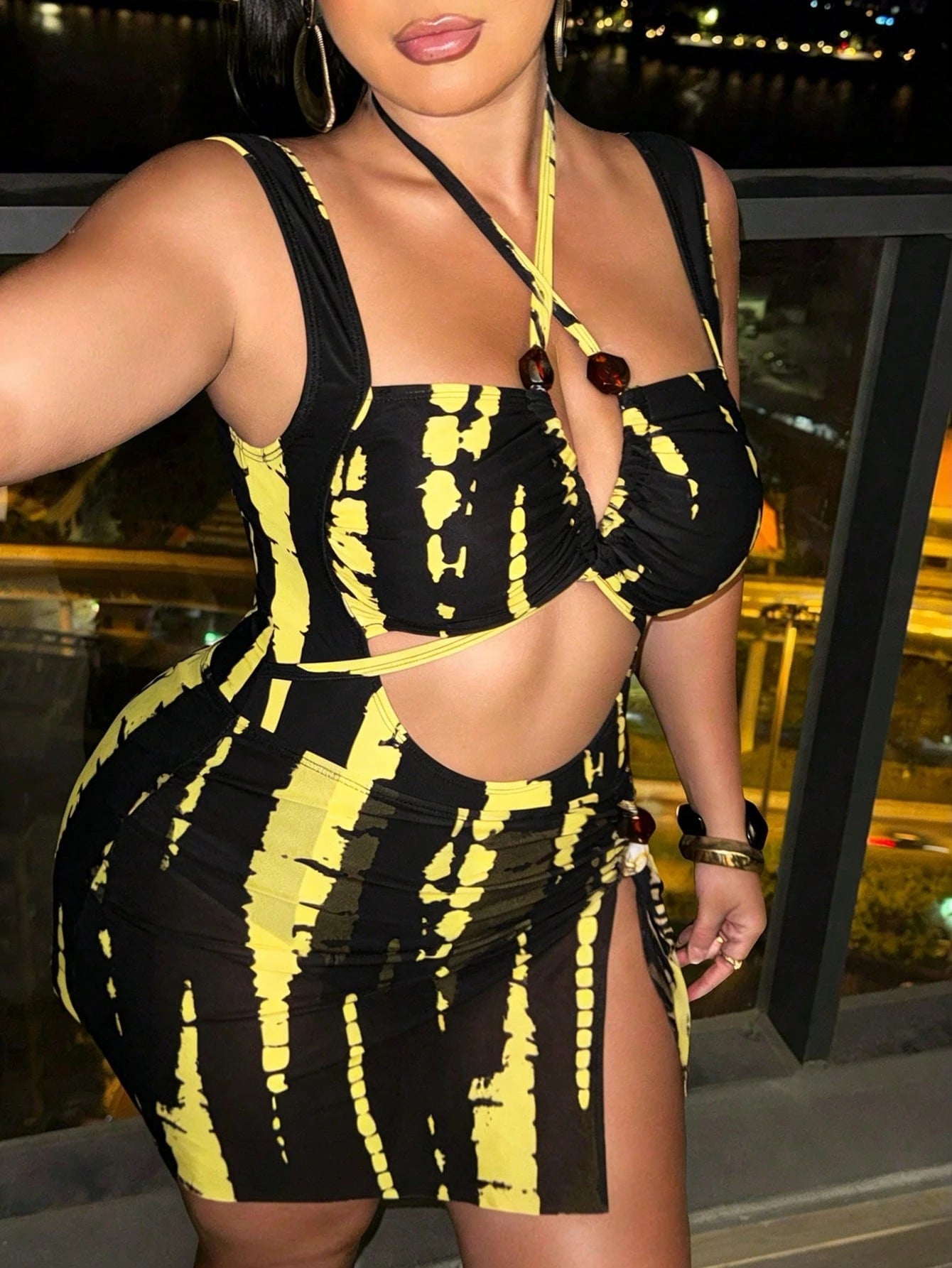 Swim SXY Plus Size Women Color Block One-Piece Swimsuit And Skirt Set, Suitable For Beach Vacation, Pool Party, Beach Party