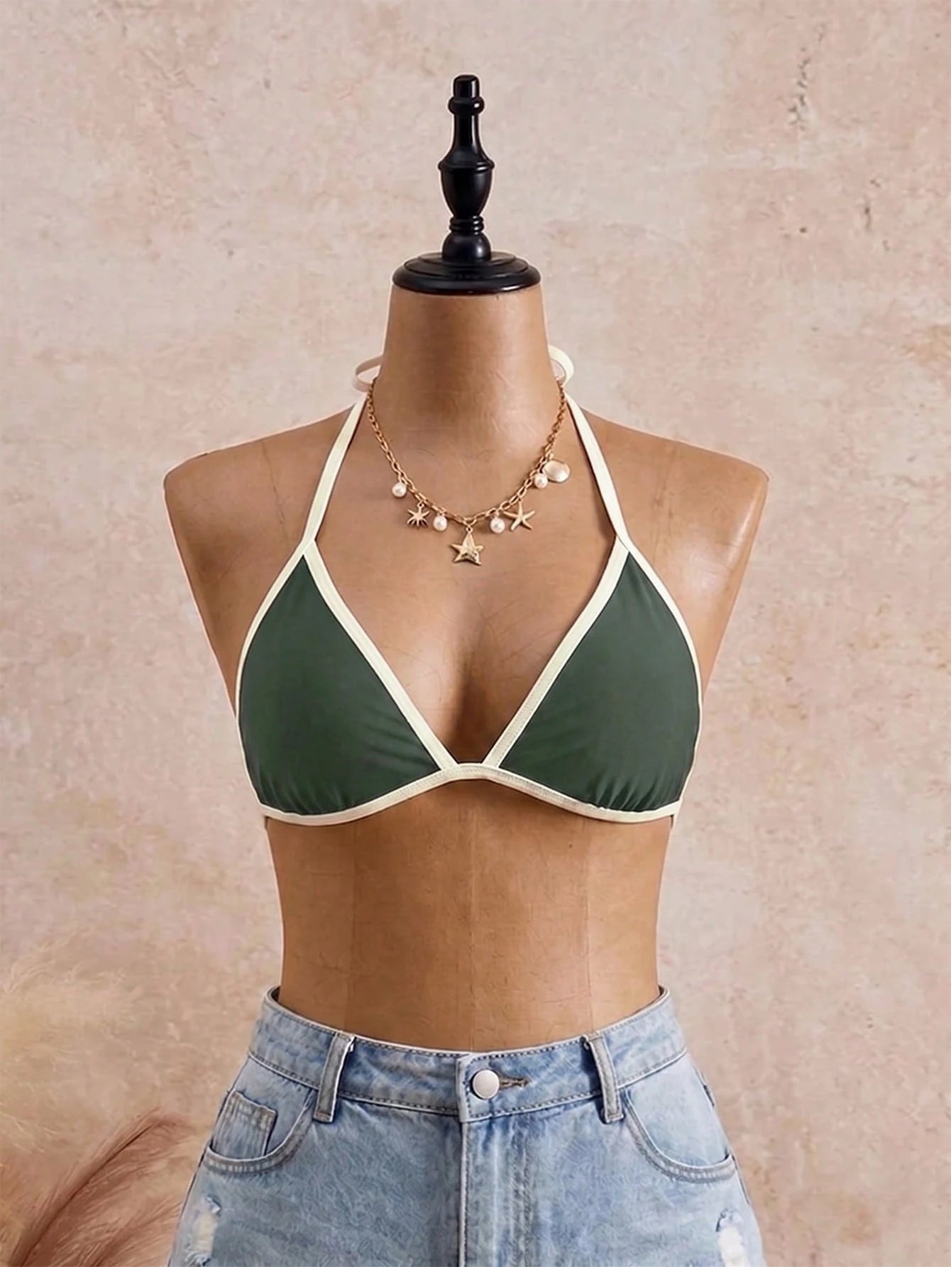 Swim SXY Plus Size Women's Olive Green,Summer,Comfy,Beach,Holiday Contrast Color Swimwear Top,Casual Sexy Halter Tie Triangle Cup Design For Vacation Party