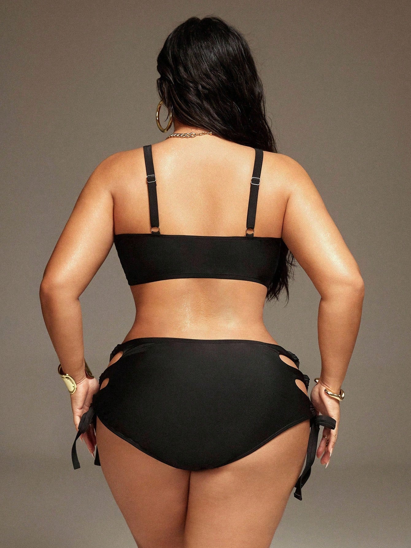 Swim SXY Plus Size Women Summer Beach Solid Color Strappy Hollow-Out Sexy Bikini Set