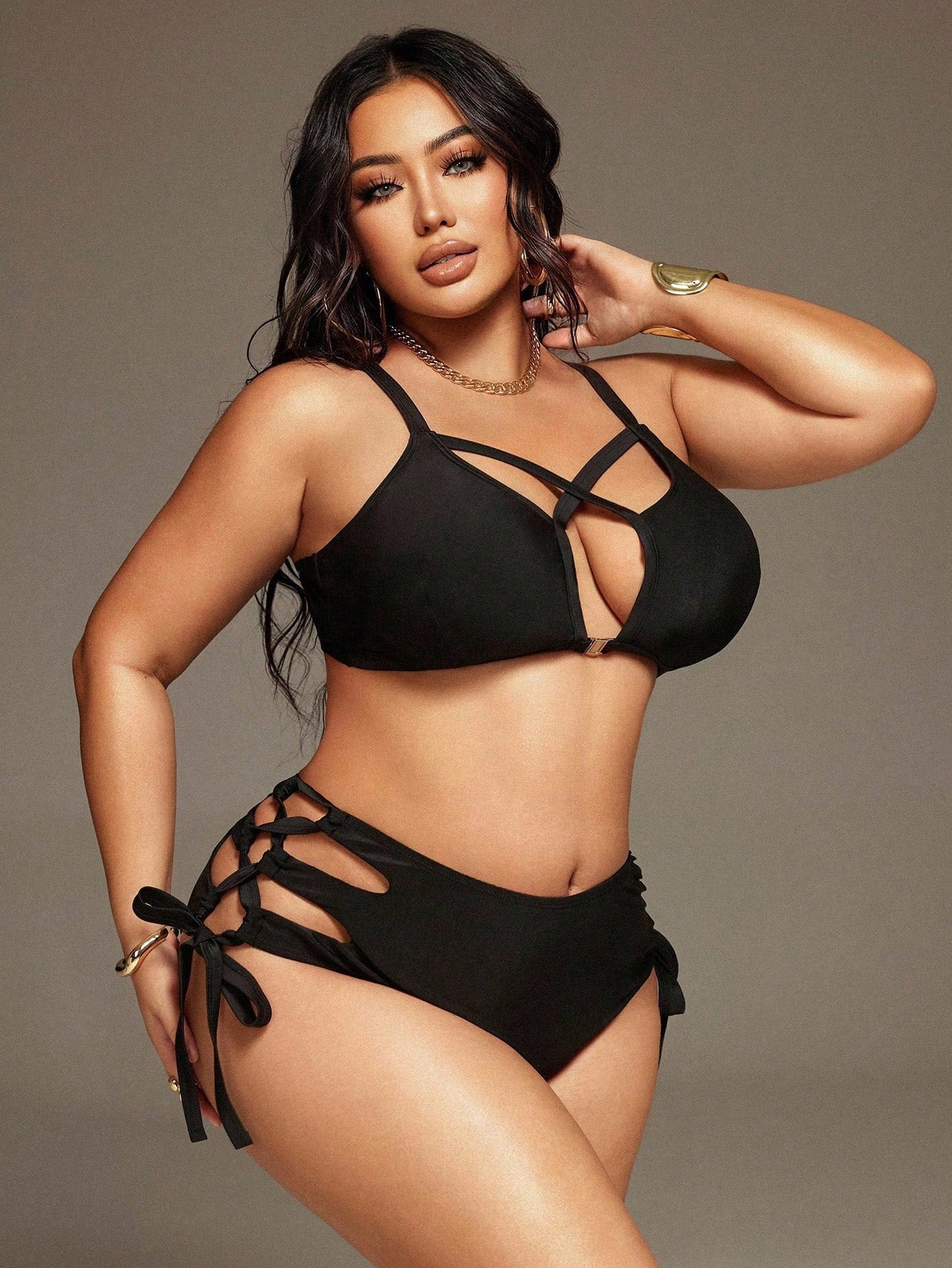 Swim SXY Plus Size Women Summer Beach Solid Color Strappy Hollow-Out Sexy Bikini Set