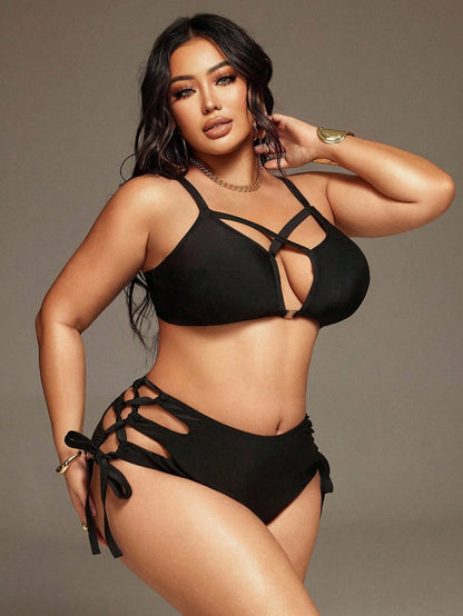 Swim SXY Plus Size Women Summer Beach Solid Color Strappy Hollow-Out Sexy Bikini Set