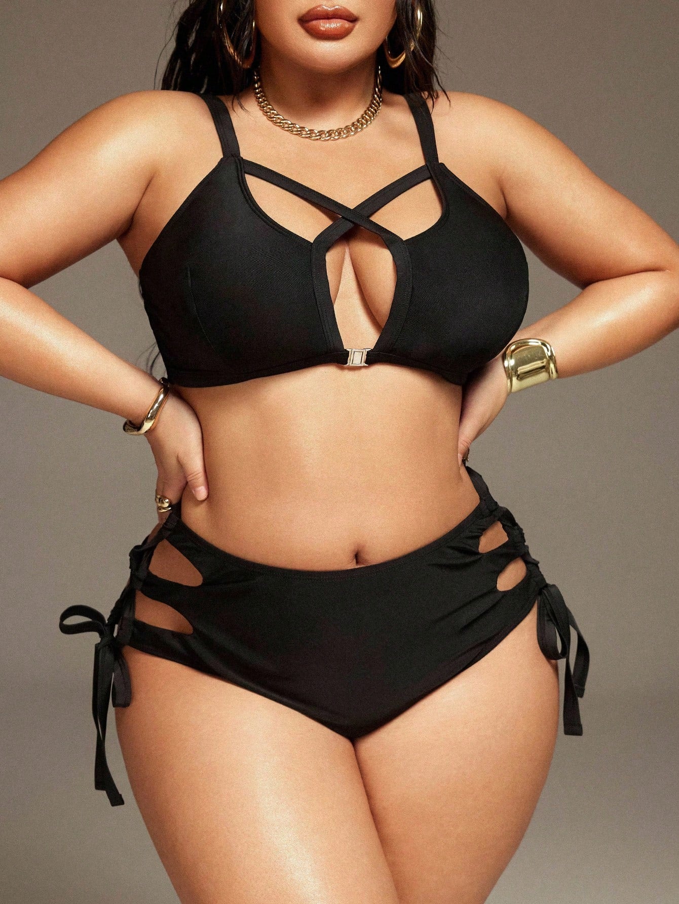 Swim SXY Plus Size Women Summer Beach Solid Color Strappy Hollow-Out Sexy Bikini Set