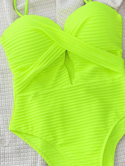 Swim SXY Solid Color Spaghetti Strap Minimalist Hollow One-Piece Swimsuit, Wireless Summer
