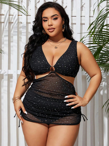 Swim SXY Summer Beach Plus Size Polka Dot Printed Tankini Set With Circular Detail, Separated Swimsuit, Bathing Suit Beach Outfit Vacay Vibe