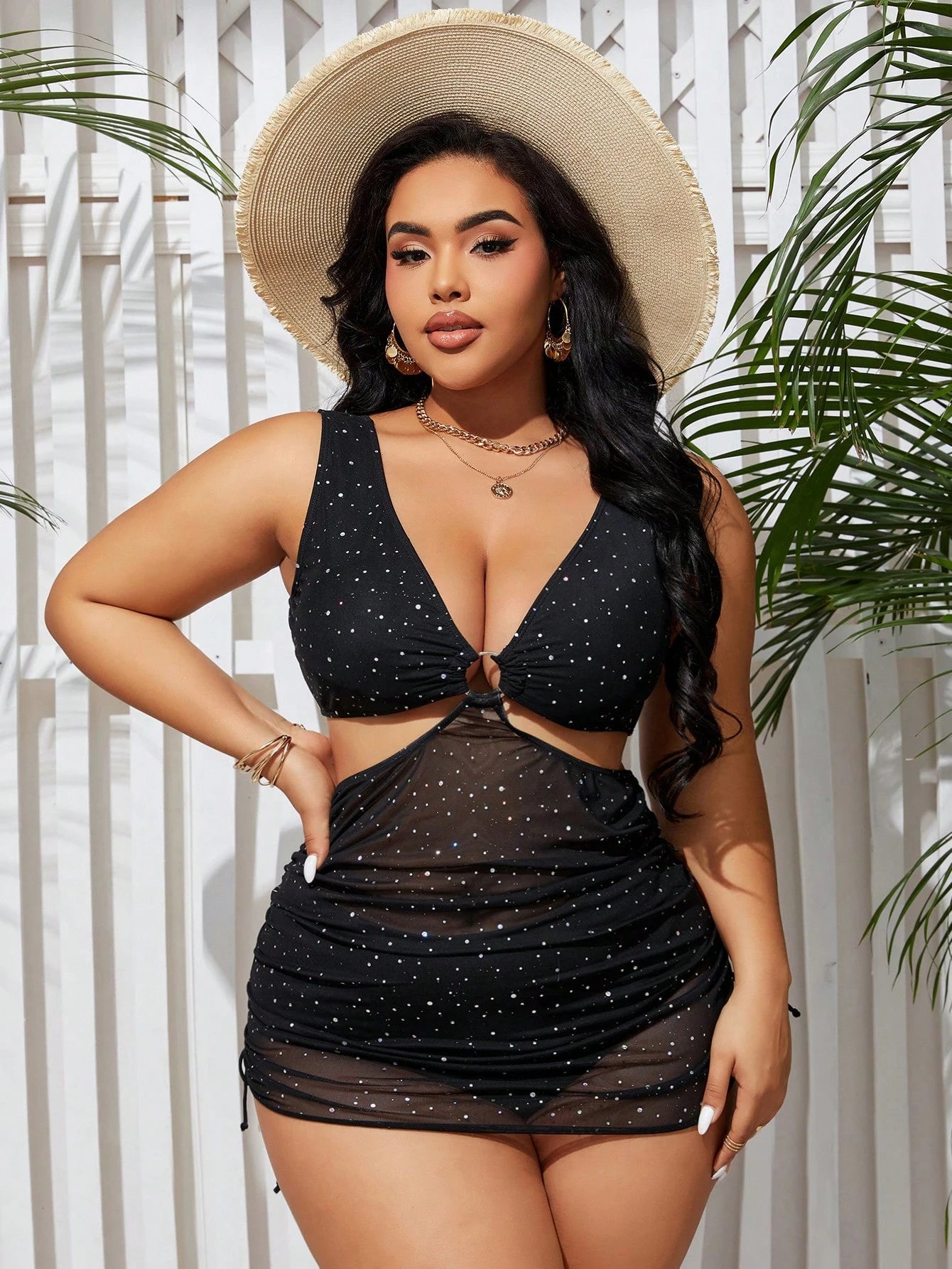 Swim SXY Summer Beach Plus Size Polka Dot Printed Tankini Set With Circular Detail, Separated Swimsuit, Bathing Suit Beach Outfit Vacay Vibe