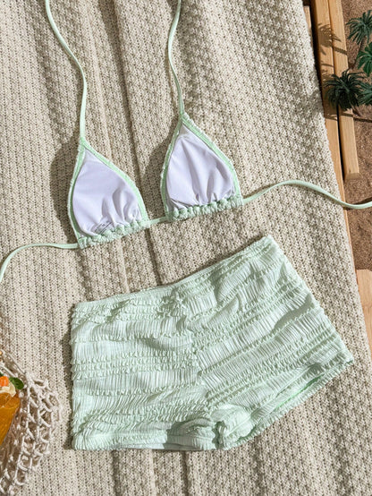 Swim SXY Summer Spring New Multi-Color Goose Yellow Textured Fabric Ocean Starfish Accessory Trim Straight Leg Pants Halter Neck Tie-Up Beach Vacation Women's Two Pieces Swimsuit Set