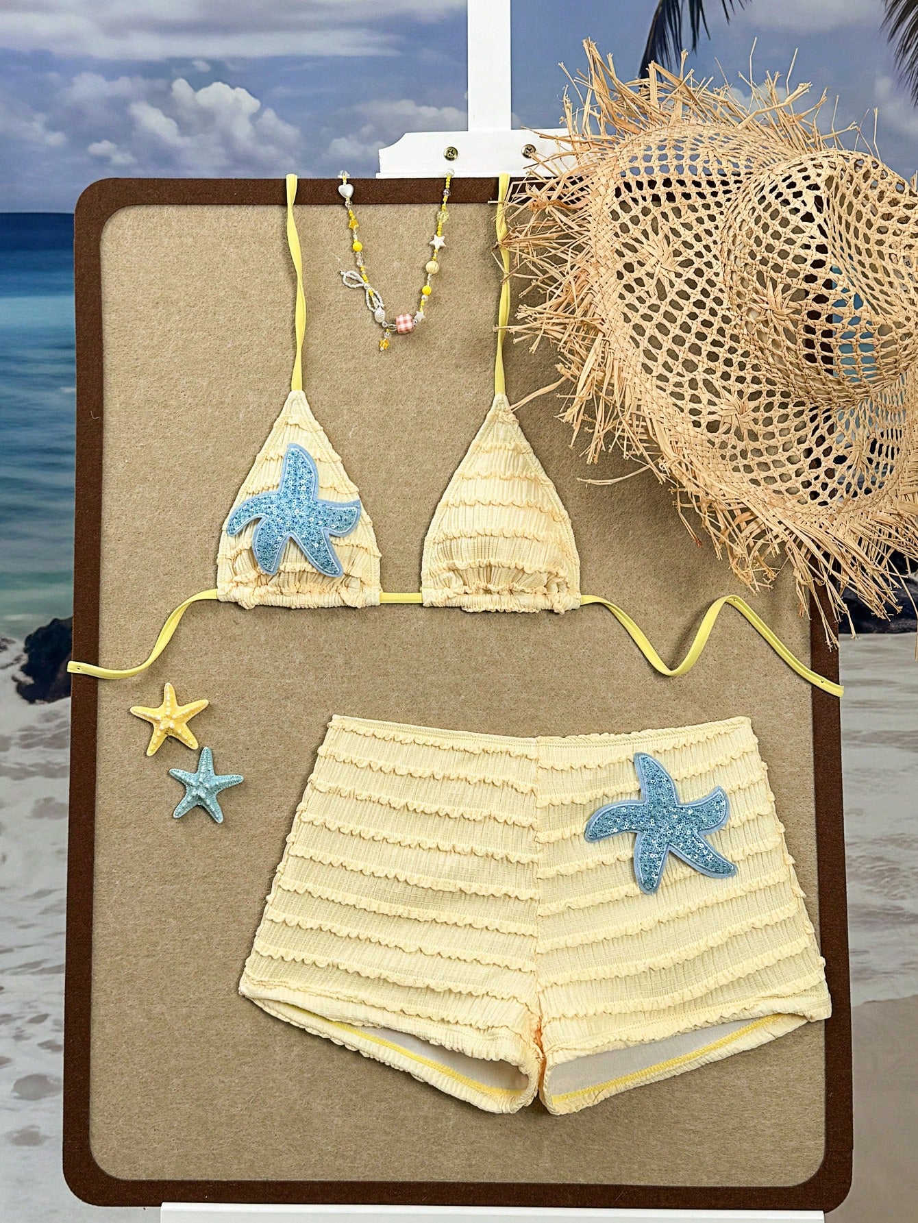 Swim SXY Summer Spring New Multi-Color Goose Yellow Textured Fabric Ocean Starfish Accessory Trim Straight Leg Pants Halter Neck Tie-Up Beach Vacation Women's Two Pieces Swimsuit Set