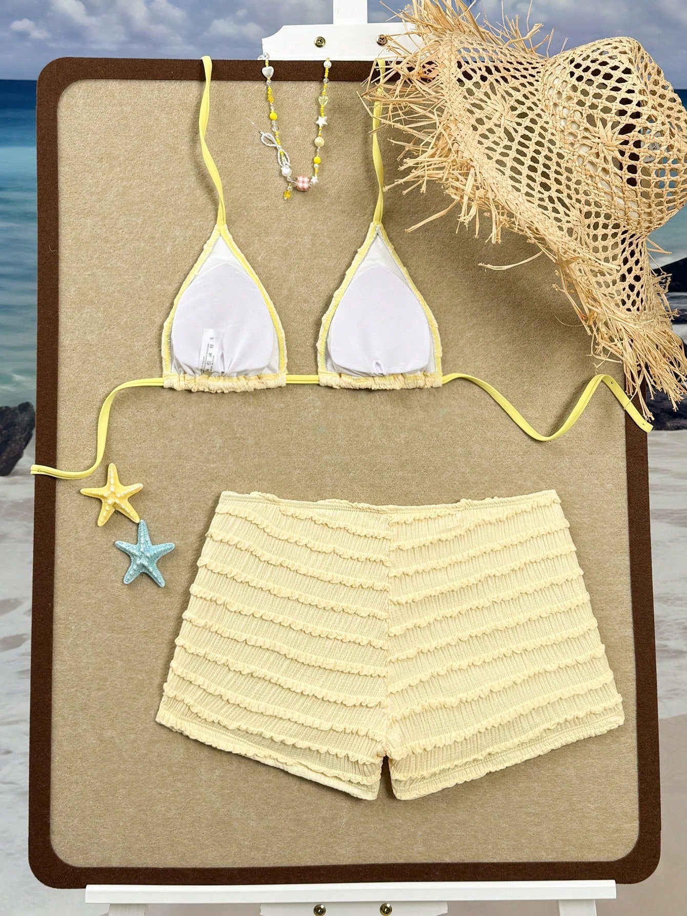 Swim SXY Summer Spring New Multi-Color Goose Yellow Textured Fabric Ocean Starfish Accessory Trim Straight Leg Pants Halter Neck Tie-Up Beach Vacation Women's Two Pieces Swimsuit Set