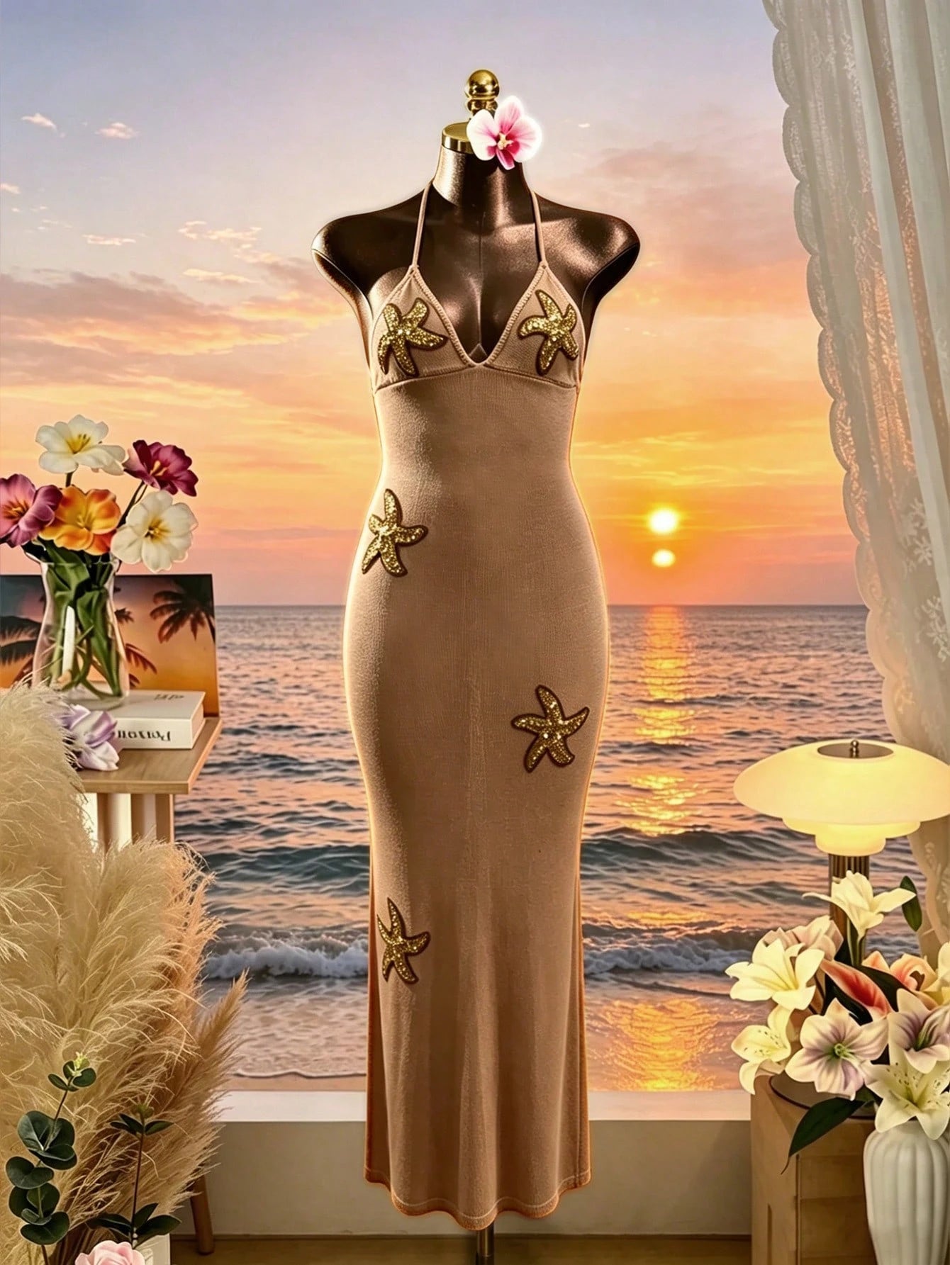 Swim SXY Women's Kaftan Dress, Elegant Holiday Starfish Accent Coffee Brown Knit Halter Neck Tie Dress