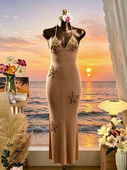 Swim SXY Women's Kaftan Dress, Elegant Holiday Starfish Accent Coffee Brown Knit Halter Neck Tie Dress