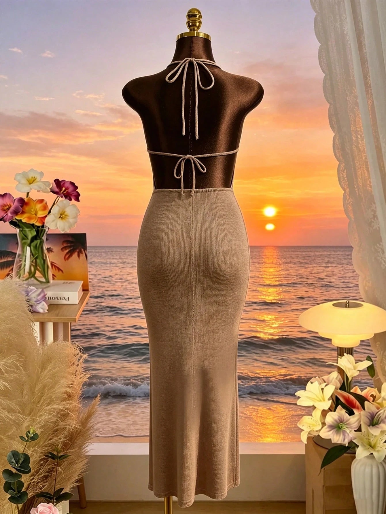Swim SXY Women's Kaftan Dress, Elegant Holiday Starfish Accent Coffee Brown Knit Halter Neck Tie Dress