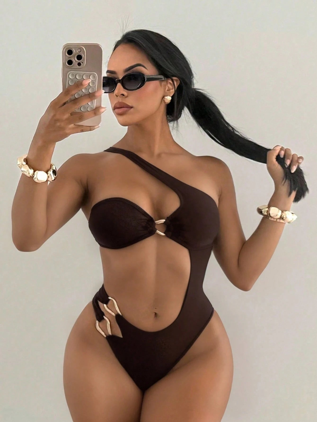 Swim SXY Women's Standard Size Solid Color Asymmetrical Neck Hollow-Out Golden Decor Beach Vacation One Piece Swimsuit, Summer