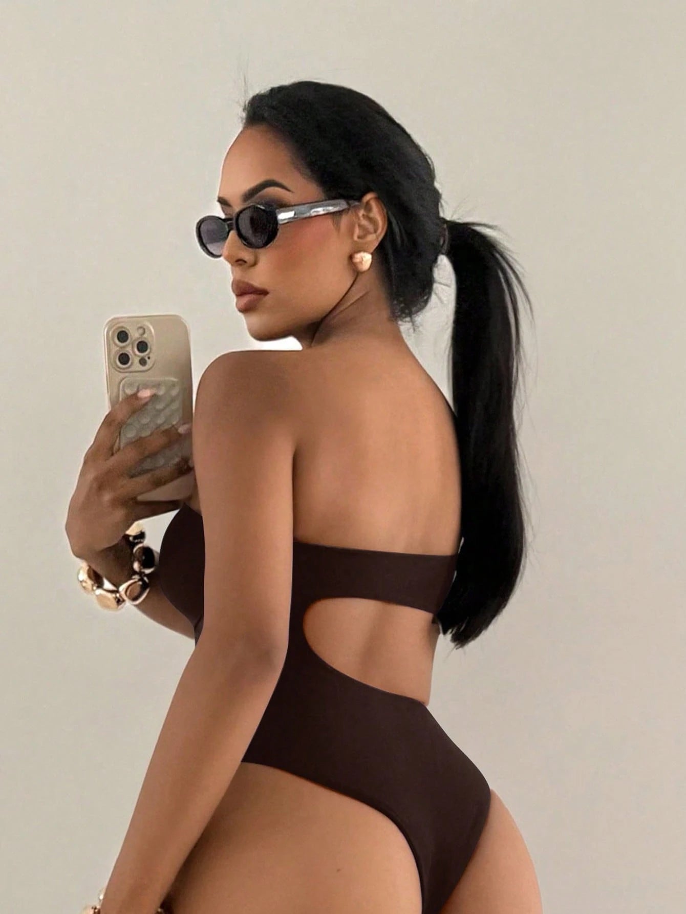 Swim SXY Women's Standard Size Solid Color Asymmetrical Neck Hollow-Out Golden Decor Beach Vacation One Piece Swimsuit, Summer