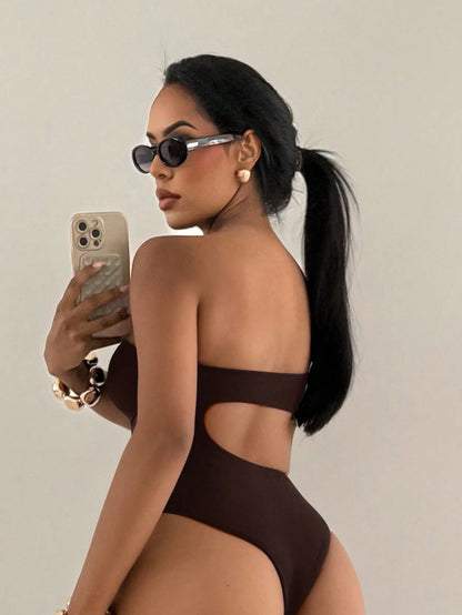 Swim SXY Women's Standard Size Solid Color Asymmetrical Neck Hollow-Out Golden Decor Beach Vacation One Piece Swimsuit, Summer