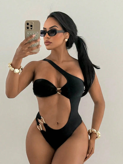 Swim SXY Women's Standard Size Solid Color Asymmetrical Neck Hollow-Out Golden Decor Beach Vacation One Piece Swimsuit, Summer