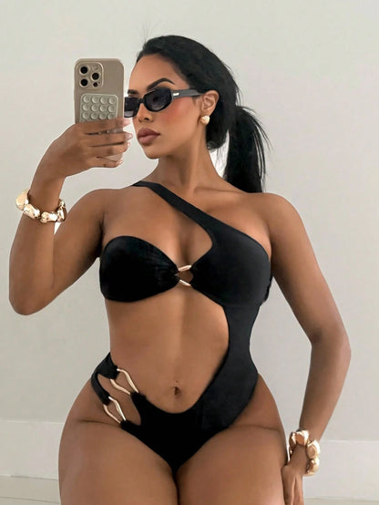 Swim SXY Women's Standard Size Solid Color Asymmetrical Neck Hollow-Out Golden Decor Beach Vacation One Piece Swimsuit, Summer
