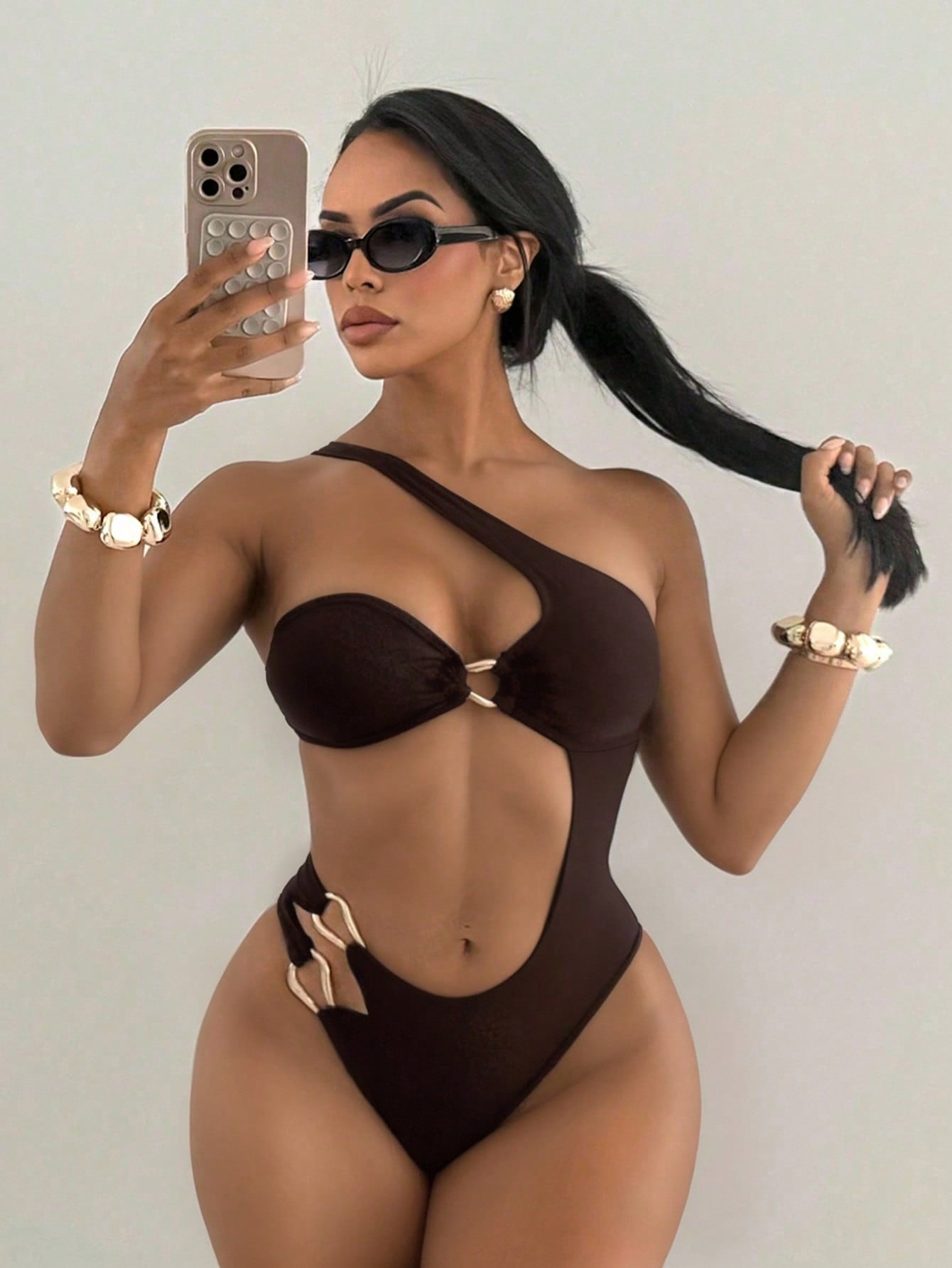 Swim SXY Women's Standard Size Solid Color Asymmetrical Neck Hollow-Out Golden Decor Beach Vacation One Piece Swimsuit, Summer