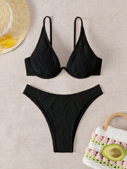 Swim SXY Women's Textured Back Criss Cross Bikini Set, Underwire Two Piece Swimwear Bathing Suit Beach Outfit Summer Vacation,Summer Beach