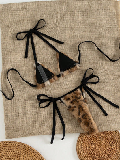 Swim Vcay 2 Pieces Leopard Plush Sexy Women Bikini Set Beach Outfit, For Summer Vacation
